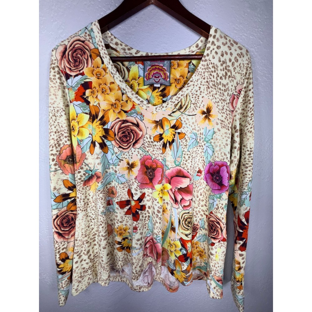Johnny Was Floral Leopard Print Bamboo V-Neck Long Sleeve Top Small T16221-N
